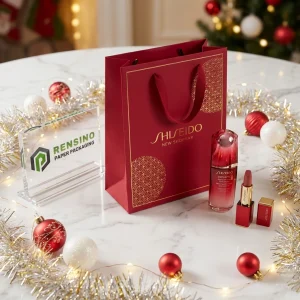 Bolsa de regalo de papel rojo con logo y patrón decorativo, adecuada para empaques de cosméticos o regalos, servicio OEM/ODM disponible