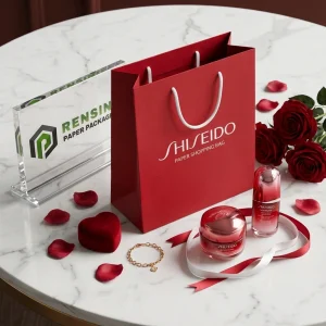 Красная бумажная сумка для покупок с белым напечатанным текстом “SHISEIDO”, подходит для упаковки косметики или подарков, доступна печать на заказ логотипа