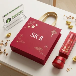 Красные бумажные сумки с напечатанным текстом SK-II и цветочным узором, подходят для подарков, упаковки косметики или розничной торговли, доступен индивидуальный дизайн