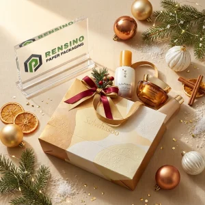 Beige and Gold Shopping Paper Bags with Embossed Pattern and Ribbon, Suitable for Gift, Retail, or Cosmetic Packaging, Custom Design Supported