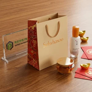 Sacchetto in carta beige e rossa Sulwhasoo con tipografia decorativa e motivo tradizionale, adatto per imballaggio cosmetico o regalo, stampa logo personalizzata disponibile
