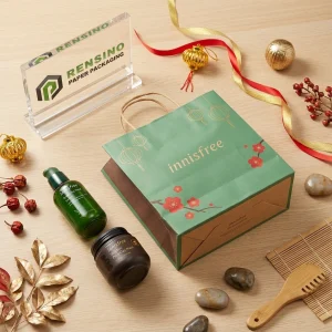 Green and Brown Paper Bag Packaging with Printed Floral and Lantern Pattern for Cosmetic or Gift Packaging, Custom Logo Printing Available