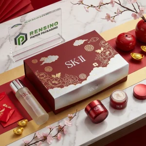 Scatola Regalo Rigida in Carta Rossa e Argento SK-II con Motivo Floreale e Nuvole, Adatta per Imballaggio Cosmetico o Regalo, Servizio OEM/ODM Disponibile