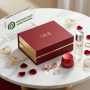 Scatola di carta rossa e dorata a cassetto con logo in oro, adatta per imballaggi cosmetici o regali, servizio OEM/ODM disponibile