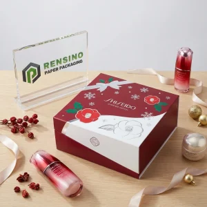 Scatola Regalo Rigida in Carta Rossa e Bianca Shiseido con Motivo Floreale e Fiocco di Neve, Adatta per Imballaggio Cosmetico o Regalo, Servizio OEM/ODM Disponibile