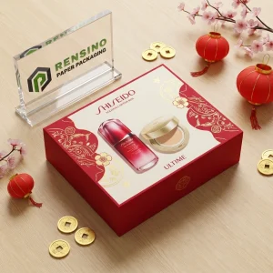Scatola regalo in carta piegata rossa e bianca SHISEIDO con motivo floreale, adatta per confezioni regalo o cosmetiche, servizio OEM/ODM disponibile