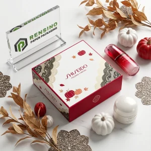 Scatola in cartone pieghevole rossa e bianca SHISEIDO con motivo di zucca e foglia, adatta per confezioni regalo o cosmetiche, servizio OEM/ODM disponibile