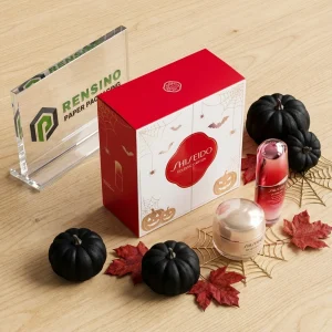 Scatola di imballaggio in carta pieghevole rossa e bianca SHISEIDO con motivo di zucca di Halloween e ragnatela, Adatta per imballaggio cosmetico o regali, Servizio OEM/ODM disponibile