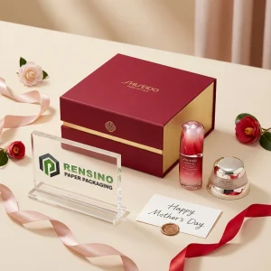 Scatola regalo rigida rossa e dorata Shiseido con logo del marchio, adatta per imballaggio di cosmetici o regali, servizio OEM/ODM disponibile