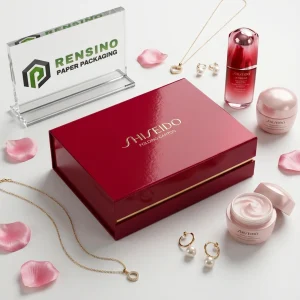 Scatola di Carta Pieghevole Rossa SHISEIDO con Stampa in Foil Oro, Adatta per Imballaggio Cosmetico o Gioielli, Servizio OEM/ODM Disponibile