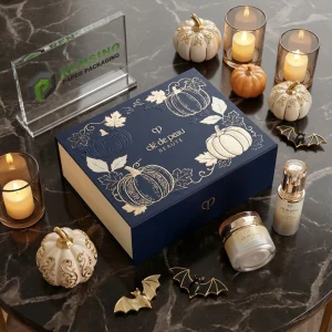 Caja de regalo de papel rígido azul clé de peau con ilustración de calabaza, adecuada para empaques de regalo o cosméticos, servicio OEM/ODM disponible