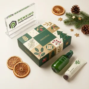 Scatola regalo in carta verde e kraft stampata con motivo festivo, adatta per imballaggi regalo o al dettaglio, servizio OEM/ODM disponibile