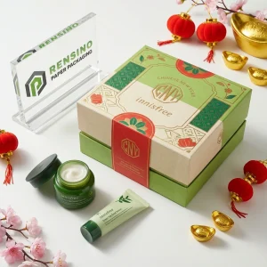 Scatola Regalo Rigida Verde e Kraft con Motivo Floreale e di Capodanno Cinese, Adatta per Imballaggio Regalo o Cosmetico, Servizio OEM/ODM Disponibile