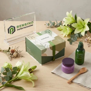 Green and Beige Floral Patterned Rigid Paper Gift Box with Ribbon, Suitable for Gift or Cosmetic Packaging, OEM/ODM Service Available