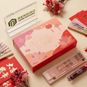 ETUDE HOUSE Pink and Red Rectangular Paper Box with Floral and Lantern Pattern, Suitable for Cosmetic or Gift Packaging, OEM/ODM Service Available