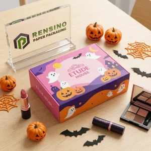 ETUDE HOUSE Purple and Orange Rectangular Printed Paper Gift Box with Halloween Ghost and Pumpkin Illustration, Suitable for Gift or Cosmetic Packaging, Custom Logo Printing Available