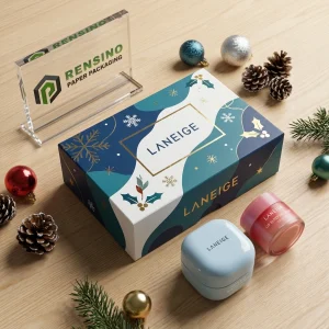 Scatola Regalo in Carta Stampata Blu e Bianca di LANEIGE con Motivo Festivo, Adatta per Regali o Imballaggio Cosmetico, Stampa del Logo Personalizzato Disponibile