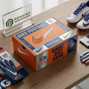 Scatola di scarpe in cartone arancione e blu con design Nike Football, adatta per il confezionamento di attrezzature sportive