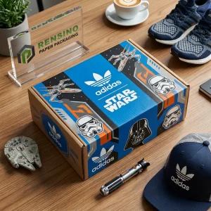 Scatola regalo di carta a tema Star Wars con logo Adidas, adatta per collezionabili o confezionamento al dettaglio