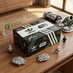 Scatola regalo di carta a tema Star Wars con logo Adidas, design personalizzato disponibile