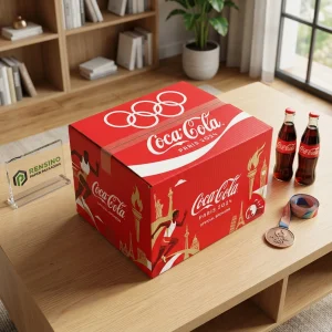 Red Paper Gift Box with Coca-Cola Logo and Paris 2024 Design, Suitable for Promotional or Retail Packaging
