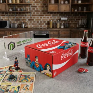 Scatola regalo di carta rossa Coca-Cola con personaggi dei supereroi, design personalizzato disponibile