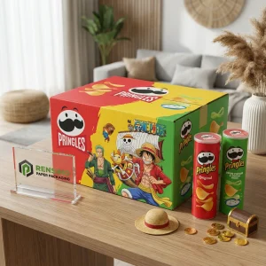 Bunt bedruckte Snackboxen mit Kartoffelchip-Designs sind für den Einzelhandel und die Geschenkverpackung geeignet.