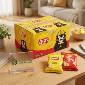 Boîte-cadeau en papier jaune avec motif ours et chips Lay's, adaptée à l'emballage de collations, design personnalisé disponible
