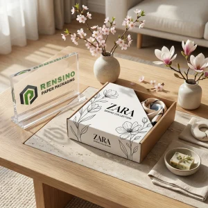 Scatola regalo in carta bianca e kraft a cassetto con arte floreale, stampa logo personalizzata disponibile