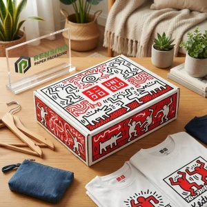 Caixa de Presente de Papel Branca e Vermelha com Padrão de Arte de Linha Abstrata, Impressão de Logotipo Personalizado Disponível