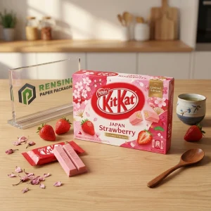 Boîte en papier rectangulaire rose avec motif de fraises et floral, solutions d'emballage personnalisées