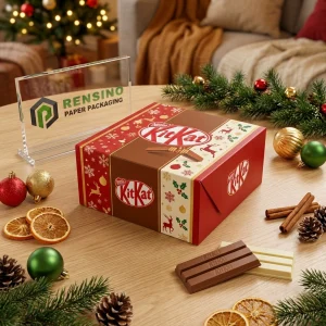 Caixa de Presente de Papel Vermelha e Marrom com Padrão de Feriado e Logotipo da Marca, Design Personalizado Disponível