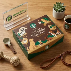 Braune und grüne rechteckige Papierverpackungsbox mit Hundillustrationen, individueller Logo-Druck verfügbar