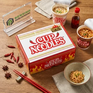 Red and White Paper Packaging Box with Spicy Cup Noodles Design, Custom Logo Printing Available