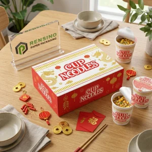 Red and White Rectangular Paper Box with Gold Dragon and Lantern Pattern, Custom Packaging Solutions