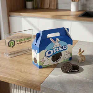 Blaue Giebel-Papierbox mit Cartoon-Hasen und Oreo-Design, benutzerdefinierte Verpackungslösungen