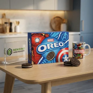Синяя прямоугольная бумажная коробка с графикой Marvel и Oreo, индивидуальные решения по упаковке