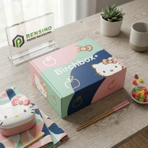 Boîte cadeau en papier rose et bleu avec motif Hello Kitty et pomme, adaptée pour un emballage cadeau, de vente au détail ou alimentaire, design personnalisé disponible