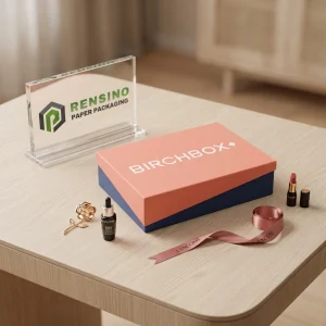 BIRCHBOX गुलाबी और नीला कठोर पेपर उपहार बॉक्स प्रिंटेड ब्रांड टेक्स्ट के साथ, कॉस्मेटिक या उपहार पैकेजिंग के लिए उपयुक्त, OEM/ODM सेवा उपलब्ध