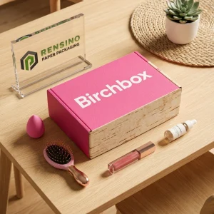 Boîte cadeau en papier rose et kraft avec texte imprimé “Birchbox” et motif en bois, adaptée pour un cadeau, un emballage de détail ou cosmétique, design personnalisé disponible