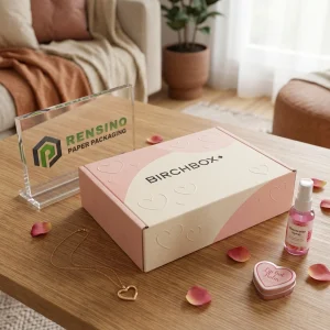 Boîte d'emballage en papier rose et crème avec motif de cœur en relief et texte imprimé “BIRCHBOX”, adaptée pour l'emballage de cadeaux ou de cosmétiques, service OEM/ODM disponible