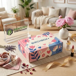 Boîte cadeau en papier rose et bleu avec motif floral, adaptée pour les cadeaux, la vente au détail ou l'emballage alimentaire, conception personnalisée disponible