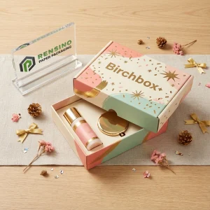 Boîte cadeau en papier rose et verte avec texte imprimé “Birchbox” et motif abstrait, adaptée pour l'emballage de cadeaux, de cosmétiques ou de vente au détail, design personnalisé disponible