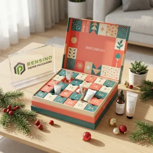 Boîte-cadeau en papier rose et bleu avec motif de calendrier, adaptée pour l'emballage cosmétique ou de cadeaux, service OEM/ODM disponible