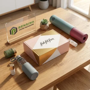 Boîte cadeau en papier rose et or avec texte imprimé “gal fit fun” et motif géométrique, adaptée pour l'emballage de cadeaux, de vente au détail ou de cosmétiques, design personnalisé disponible