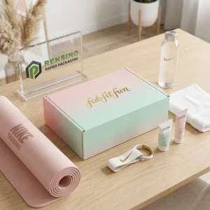 Boîte cadeau en papier dégradé pastel avec logo et motif en feuille d'or, adaptée pour les cadeaux, la vente au détail ou l'emballage cosmétique, design personnalisé disponible