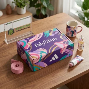 Scatola di imballaggio in carta stampata viola con motivo astratto colorato, adatta per imballaggio di regali, vendita al dettaglio o cosmetici, design personalizzato disponibile