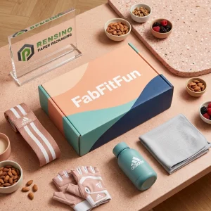 Caja de regalo de papel colorida con texto impreso “FabFitFun” y patrón abstracto, adecuada para regalo, venta al por menor o embalaje de alimentos, diseño personalizado disponible