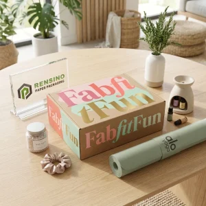 Boîte en papier de couleur pastel avec impression du texte “Fab” et “Fun”, adaptée pour les cadeaux, le commerce de détail ou l'emballage alimentaire, conception personnalisée disponible