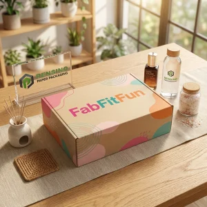 Bunte Papierbox mit bedrucktem Text “FabFitFun” und abstraktem Muster, geeignet für Geschenk-, Einzelhandels- oder Lebensmittelverpackung, individuelles Design verfügbar
